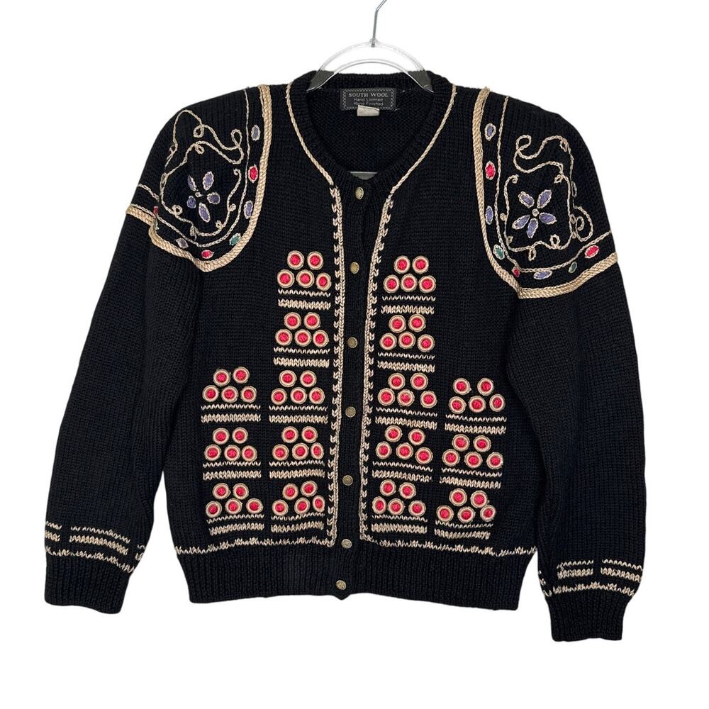 1990s South Wool Hand Loomed Virgin Wool Embellished Cardigan S-M